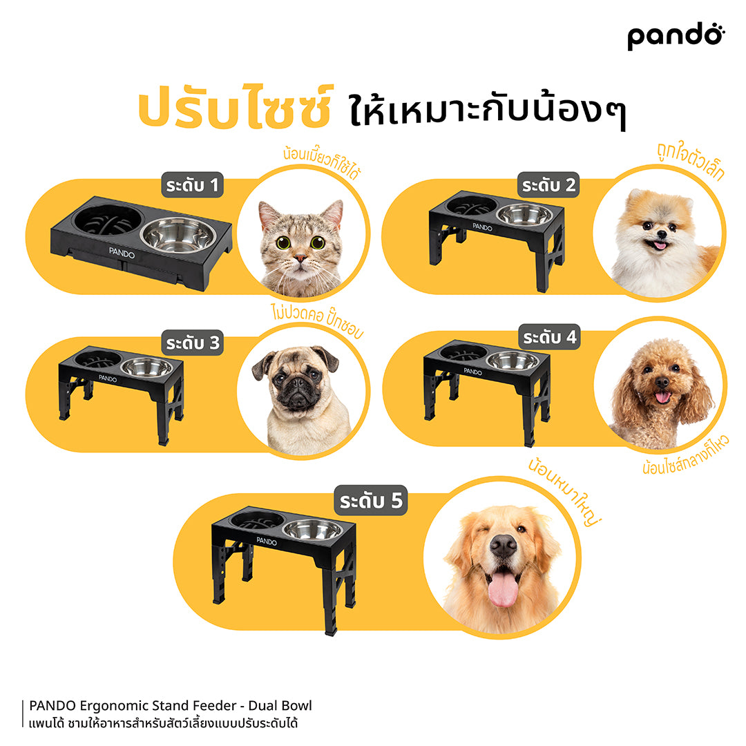 pando ergonomic stand feeder - dual bowl ชามให้อาหารสำหรับสัตว์เลี้ยงแบบปรับระดับได้