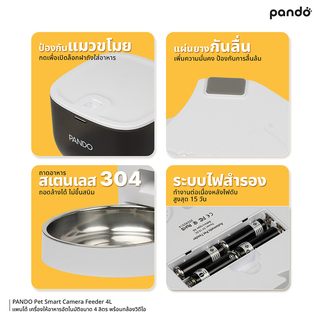 PANDO Pet Smart Camera Feeder 4L - BLACK เครื่องให้อาหารอัตโนมัติขนาด 4 ลิตร พร้อมกล้องวิดีโอ สีดำ